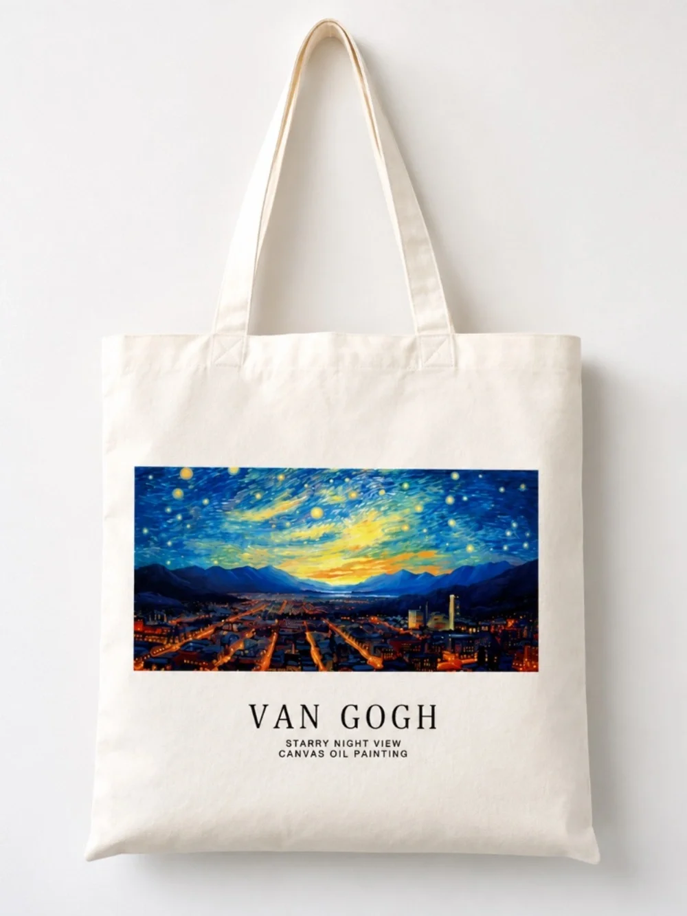 Van Gogh Starry Night Cotton Tote Bag with Full-Length Zipper Closure
